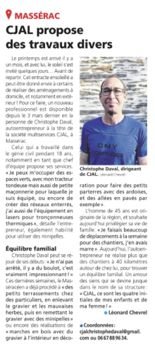 photo d'un article des Infos du Pays de Redon sur Cjal multiservices